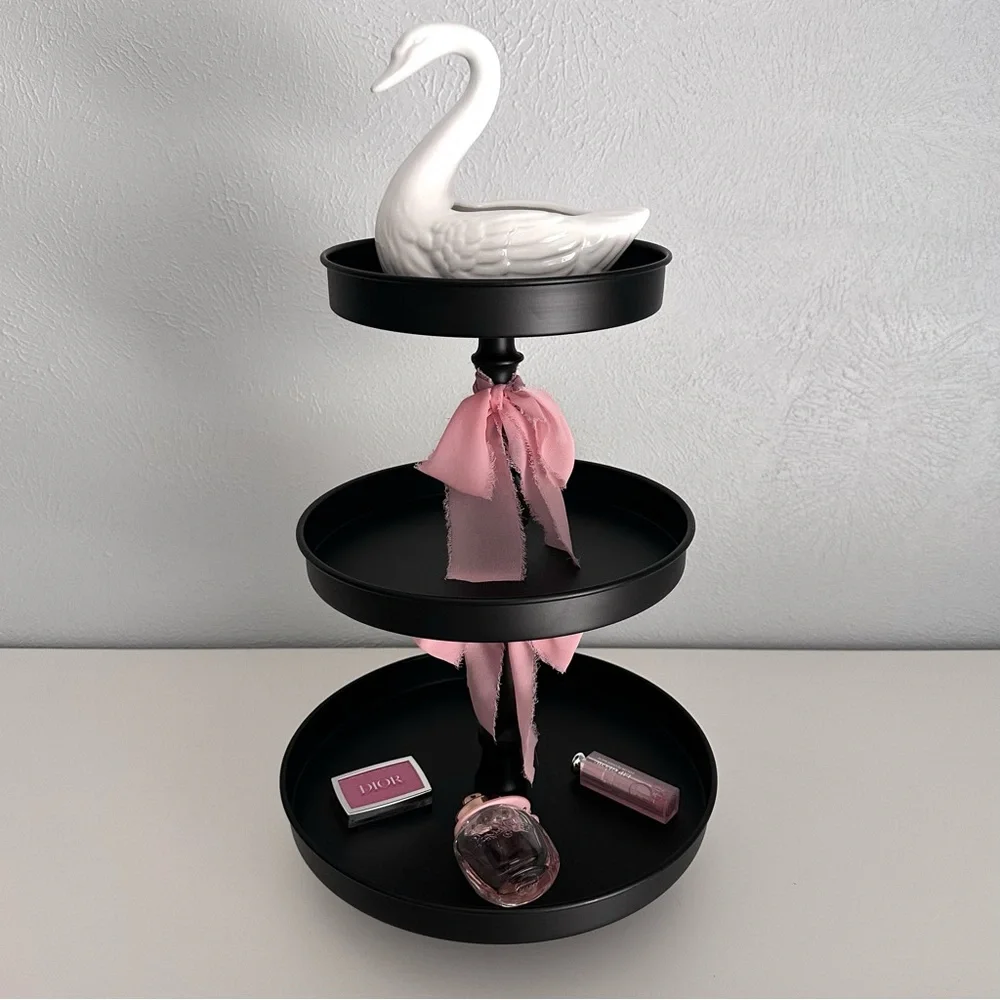 Black Three-Tiered Stand with Pink Silk Bow Accents